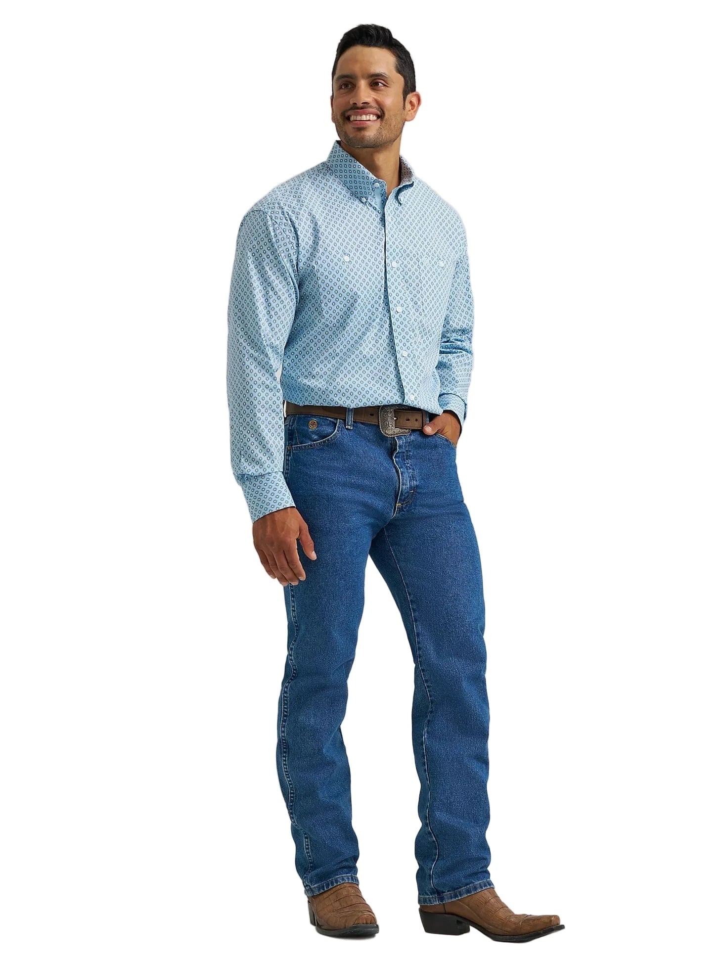 WRANGLER Shirts Wrangler Men's George Stait Powder Blue Box Long Sleeve Western Shirt 112368232