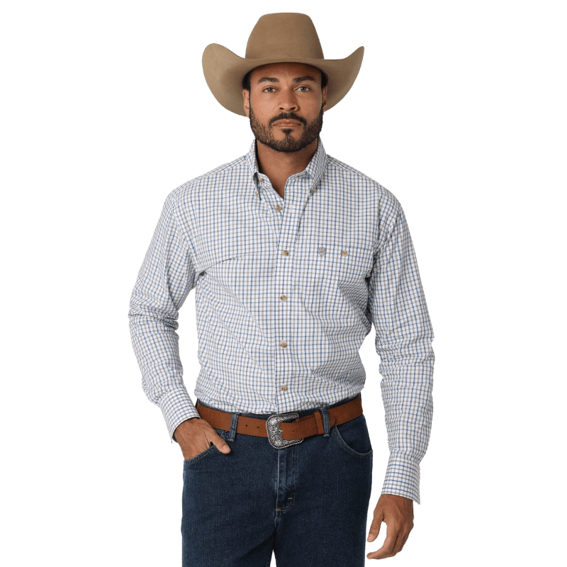 Wrangler Shirts Wrangler Men's George Strait Honorable Blue Long Sleeve Button Down One Pocket Plaid Shirt 112318988