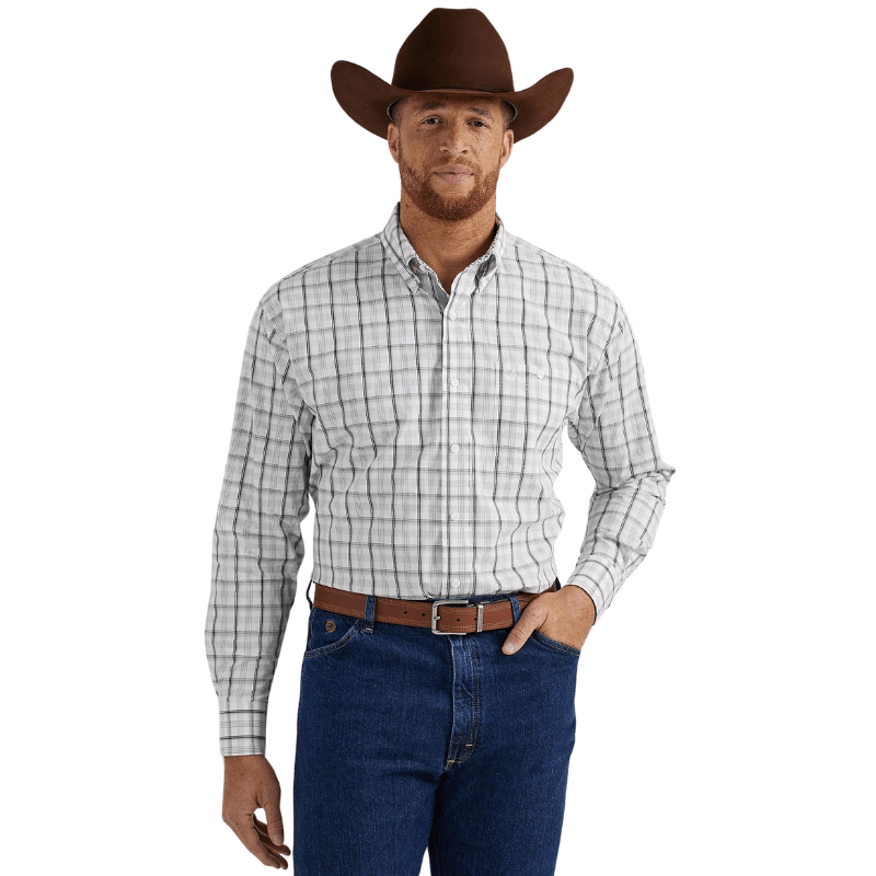 Wrangler Shirts Wrangler Men's George Strait Moon Gray Plaid Long Sleeve Button Down Shirt 112344886