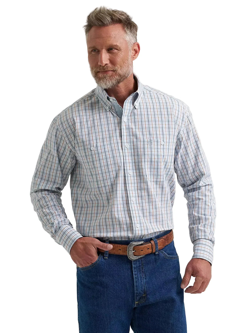 WRANGLER Shirts Wrangler Men's George Strait Steely Blue Check Long Sleeve Button Down Shirt 112381958