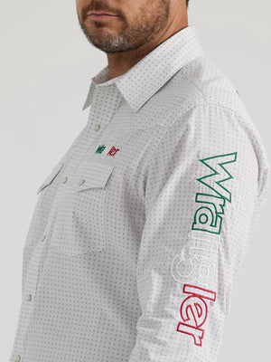 Wrangler Shirts Wrangler Men's Logo Mexico Printed White Long Sleeve Wester Snap Shirt 112346222