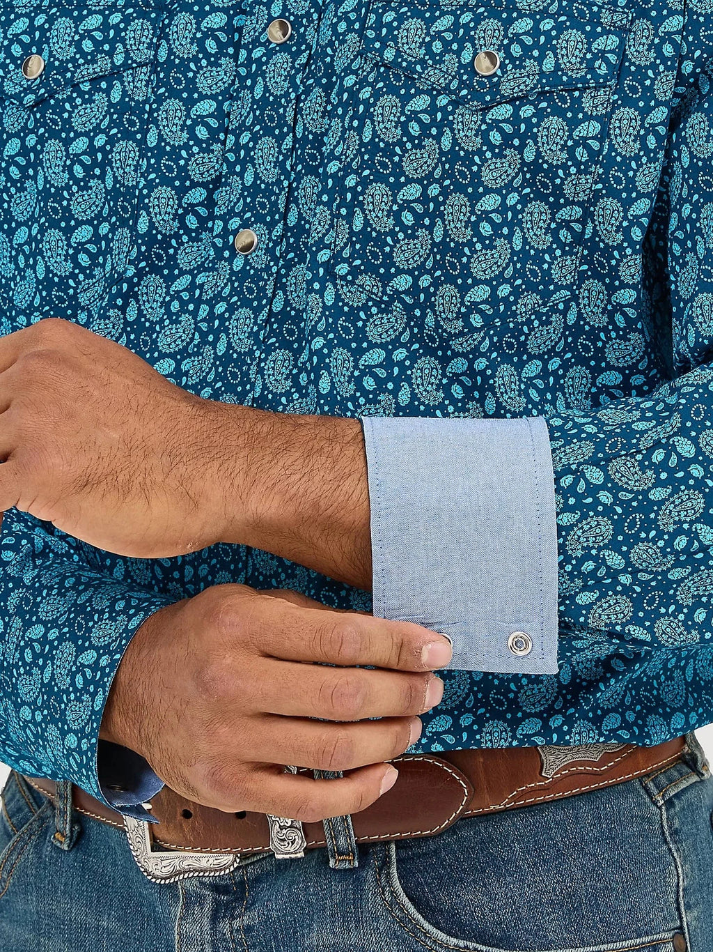 WRANGLER Shirts Wrangler Men's Paisley Turquoise 20X Competition Advanced Comfort Long Sleeve Snap Shirt 112365391