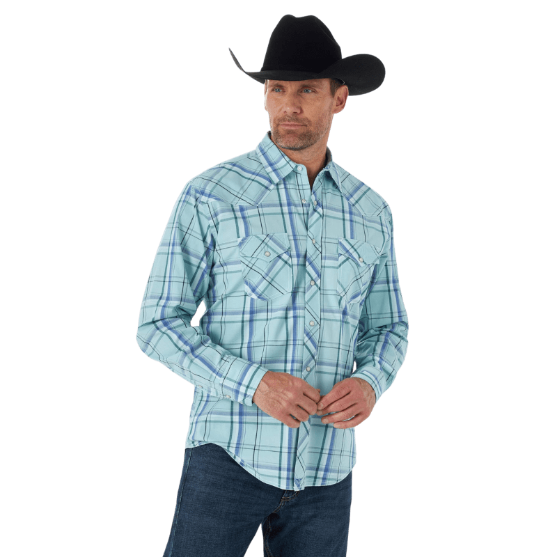 Wrangler Shirts Wrangler Men's Plaid Blue Long Sleeve Western Shirt - MJC338B