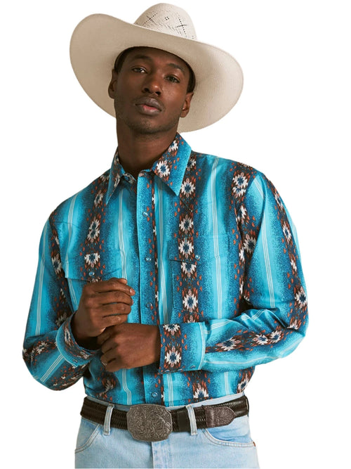 トップス allege 22fw print shirt blue Wrangler Men's Blue Checotah Long Sleeve Snap Printed Shirt