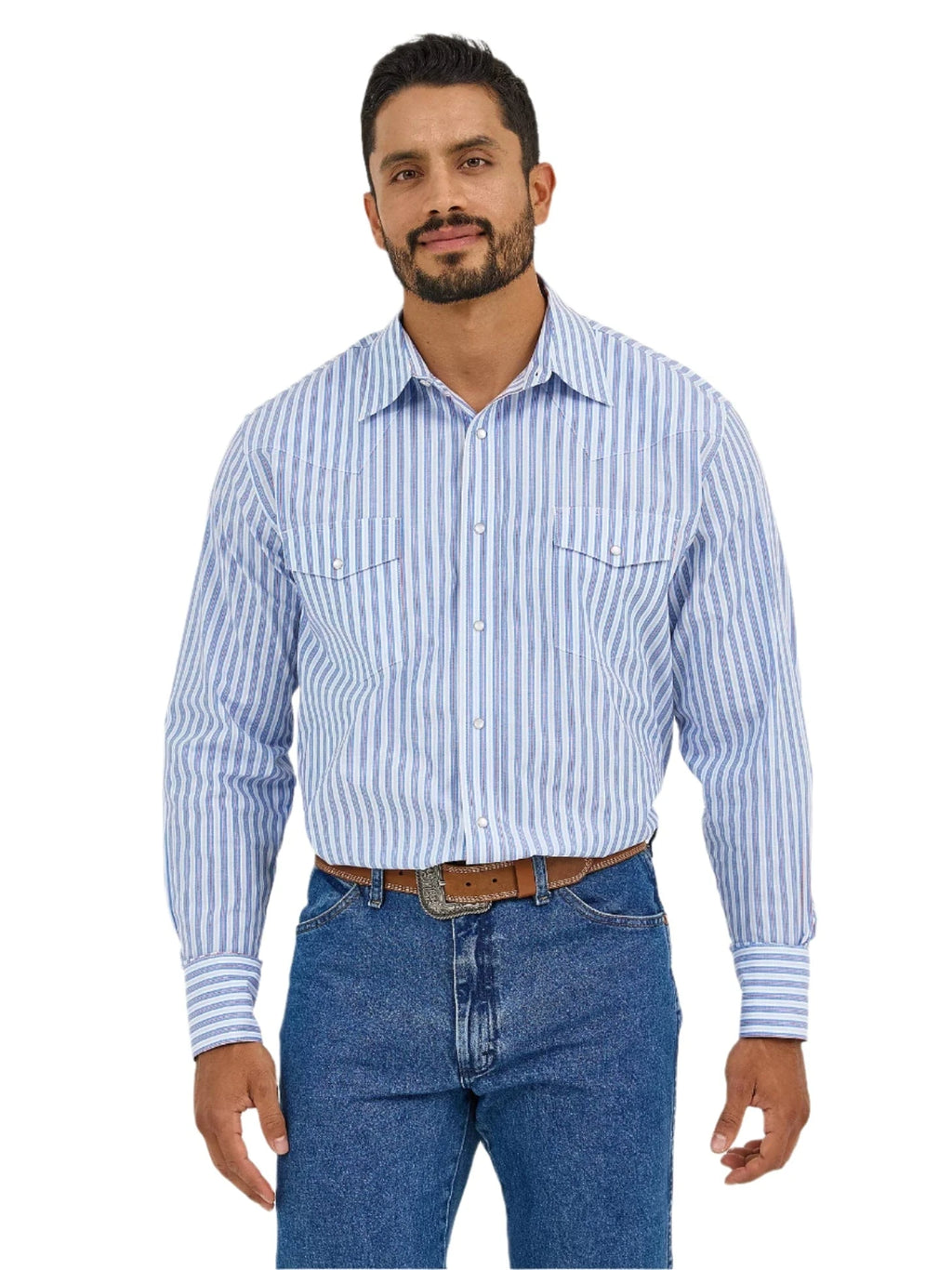 WRANGLER Shirts Wrangler Men's Wrinkle Resist Bold Blue Stripes Long Sleeve Western Snap Shirt 112365848
