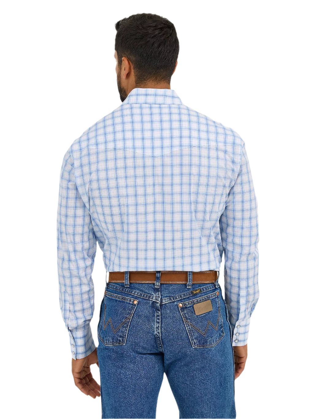 WRANGLER Shirts Wrangler Men's Wrinkle Resist Seaside Blue Plaid Long Sleeve Western Shirt 112365849