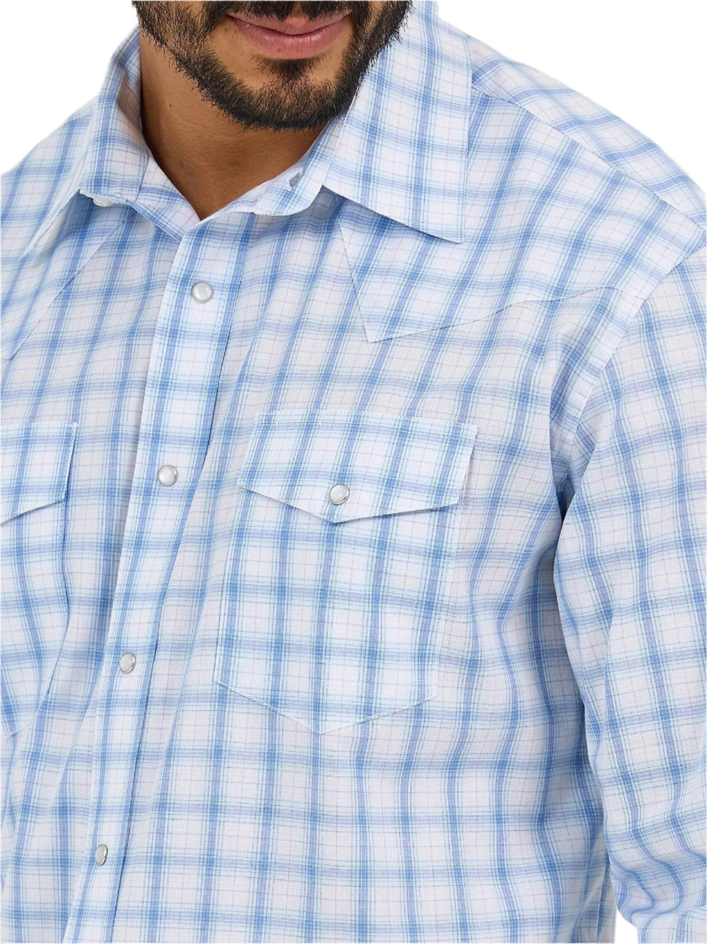 WRANGLER Shirts Wrangler Men's Wrinkle Resist Seaside Blue Plaid Long Sleeve Western Shirt 112365849