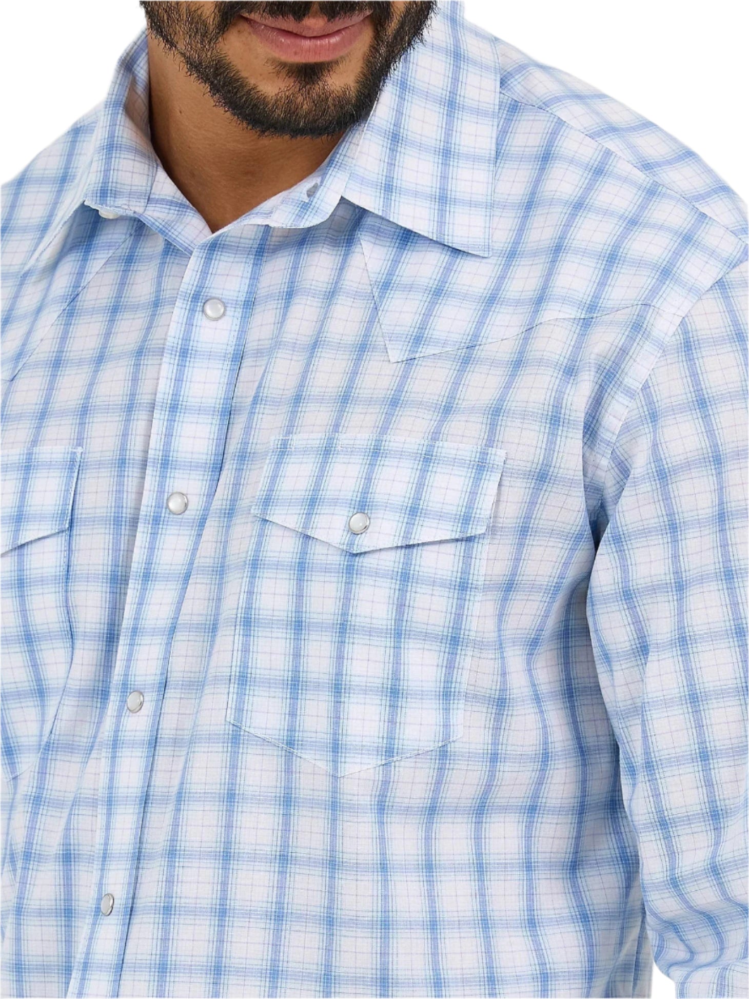 WRANGLER Shirts Wrangler Men's Wrinkle Resist Seaside Blue Plaid Long Sleeve Western Shirt 112365849