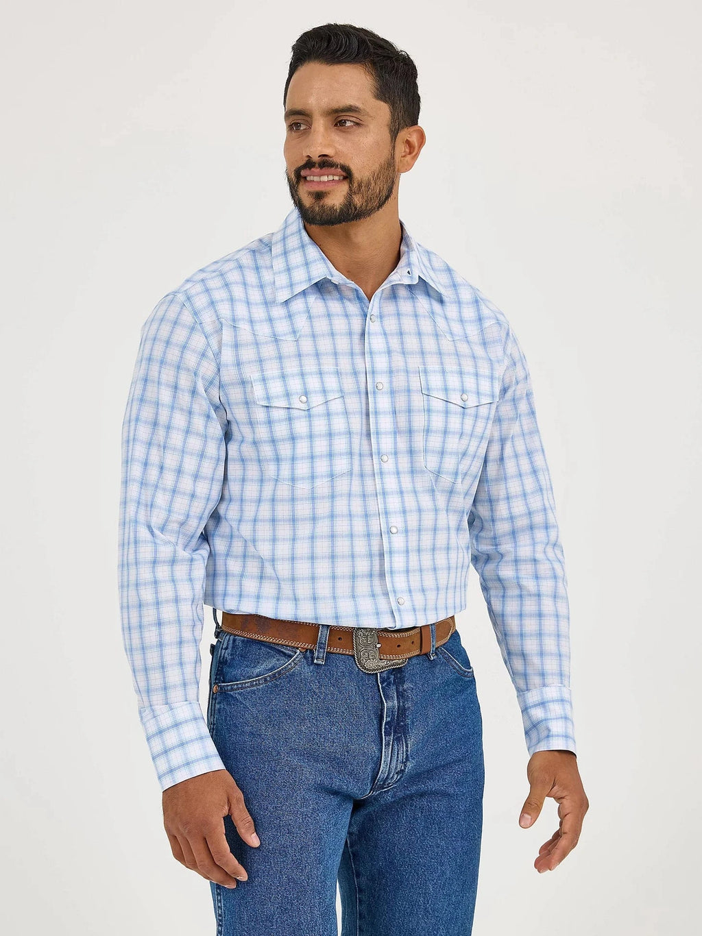 WRANGLER Shirts Wrangler Men's Wrinkle Resist Seaside Blue Plaid Long Sleeve Western Shirt 112365849