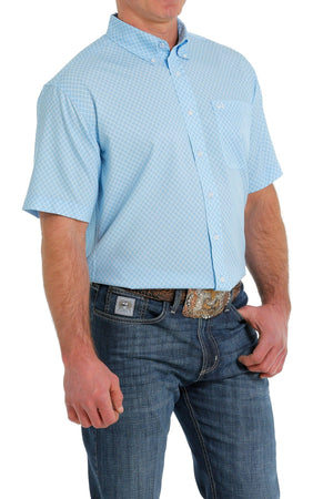 CINCH Shirts Cinch Men's Geometric Print Arenaflex Light Blue Button Down Short Sleeve Shirt MTW1704111