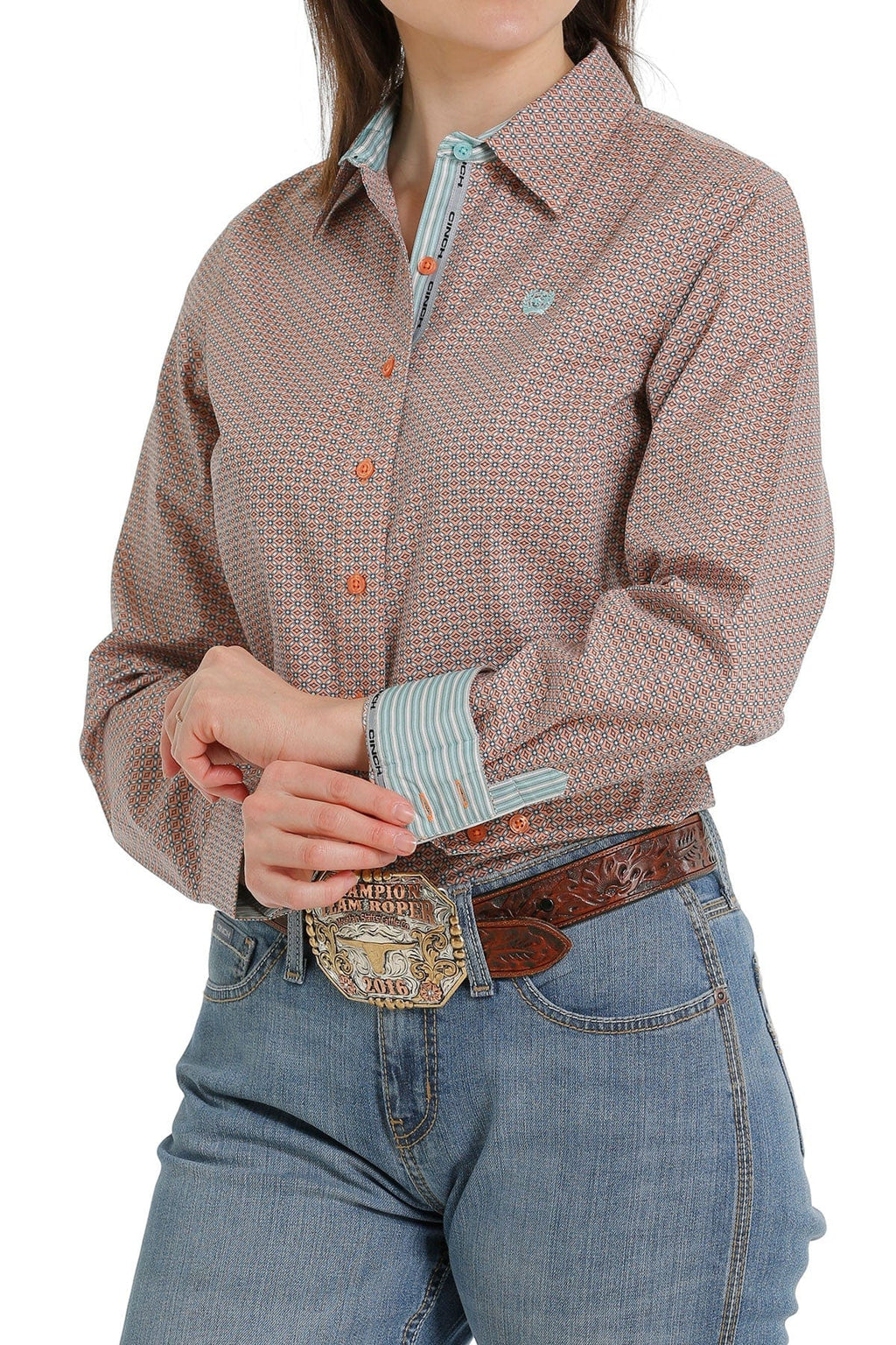 CINCH Shirts Cinch Women's Coral/Light Blue Print Long Sleeve Button Down Western Shirt MSW9165030