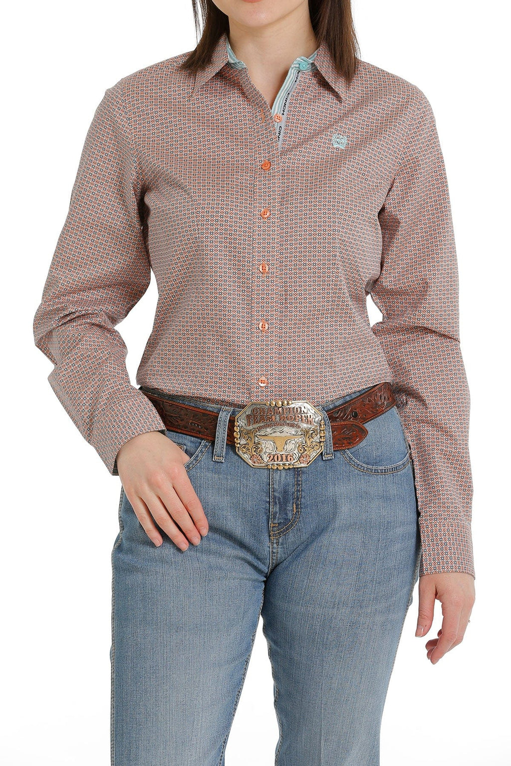 CINCH Shirts Cinch Women's Coral/Light Blue Print Long Sleeve Button Down Western Shirt MSW9165030