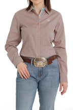 CINCH Shirts Cinch Women's Coral/Light Blue Print Long Sleeve Button Down Western Shirt MSW9165030