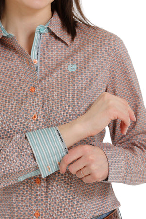 CINCH Shirts Cinch Women's Coral/Light Blue Print Long Sleeve Button Down Western Shirt MSW9165030