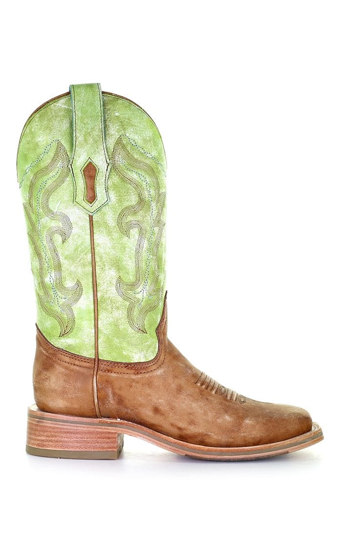 Corral Women's Sand/Green Embroidery Square Toe Cowgirl Boots