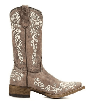 CORRAL BOOTS Boots Corral Children's Bone Embroidered Cowhide Square Toe Boot A2980