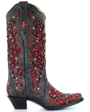 CORRAL BOOTS Boots Corral Women's Black & Red Glitter Inlay Cowgirl Boots A3534