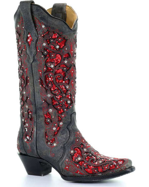 CORRAL BOOTS Boots Corral Women's Black & Red Glitter Inlay Cowgirl Boots A3534