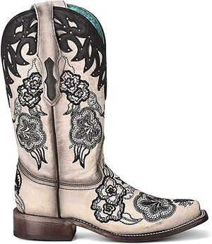 CORRAL BOOTS Boots Corral Women's Floral Embroidered White & Brown Square Toe Western Boots - A4163