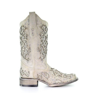 CORRAL BOOTS Boots Corral Women's Glitter Inlay Square Toe White Cowboy Boots A3397
