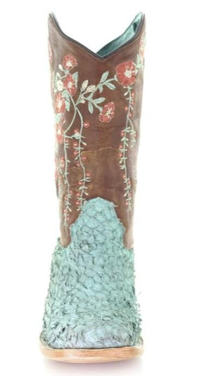 CORRAL BOOTS Boots Corral Women's Turquoise/Brown Embroidered Fish Scale Western Boots - A4061