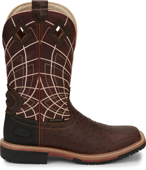 Justin Work Boots Justin Men's Derrickman Waterproof Burgundy Ostrich Print Square Toe Work Boot - SE4834