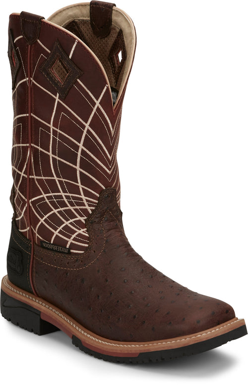 Justin Work Boots Justin Men's Derrickman Waterproof Burgundy Ostrich Print Square Toe Work Boot - SE4834