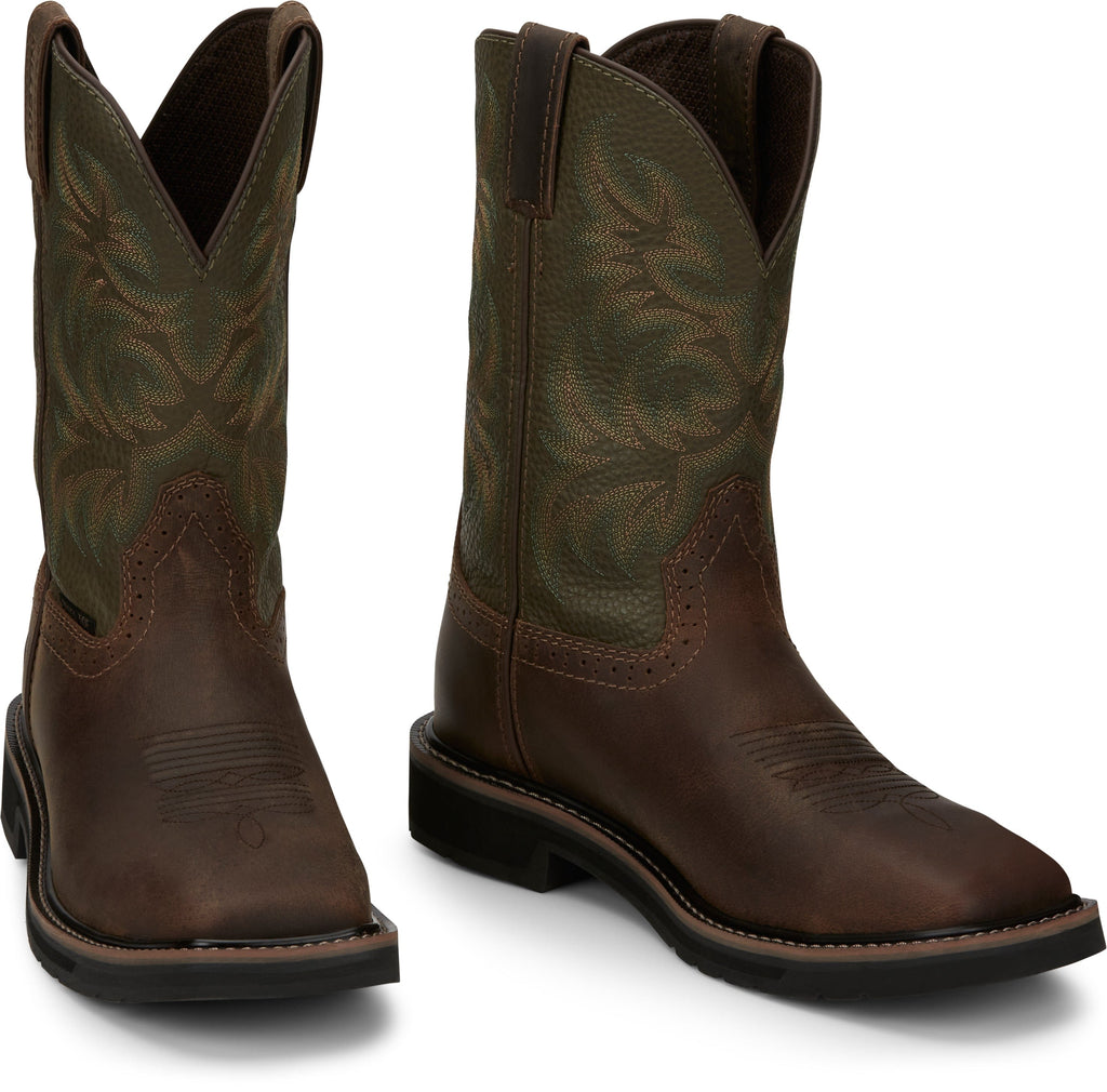 Justin Work Boots Justin Men's Stampede Driller Brown/Green Steel Toe Work Boots SE4688