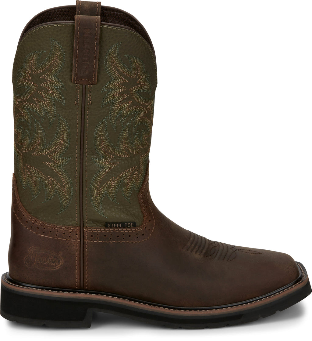 Justin Work Boots Justin Men's Stampede Driller Brown/Green Steel Toe Work Boots SE4688