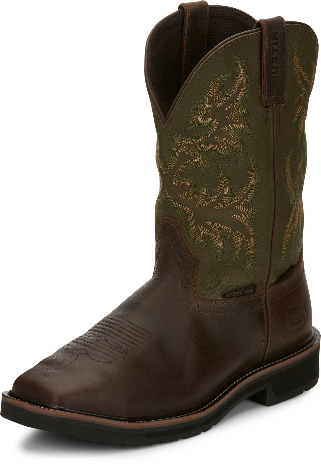 Justin Work Boots Justin Men's Stampede Keavan Dark Brown/Moss Green MetGuard Waterproof Steel Toe Work Boots SE4570