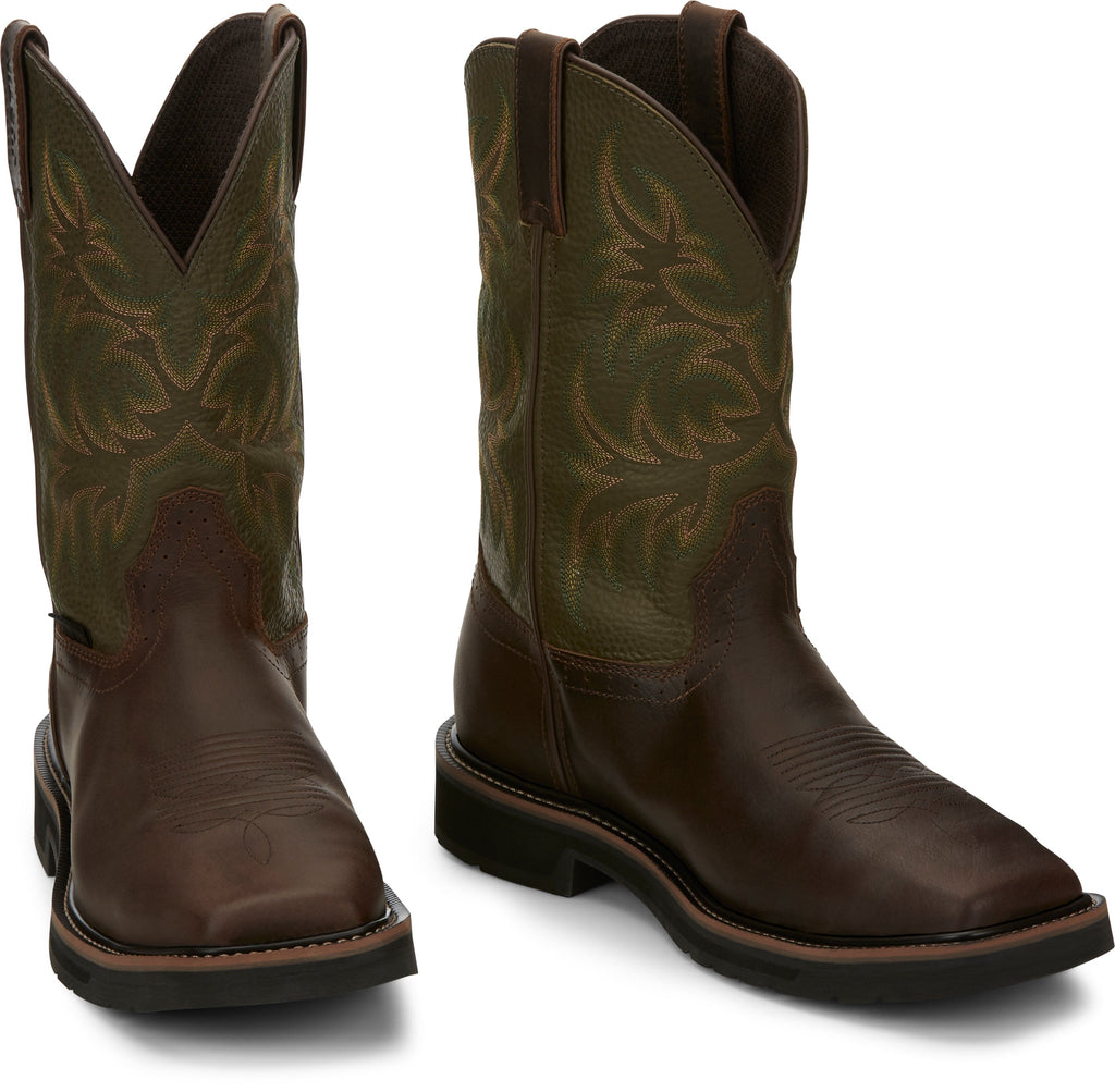 Justin Work Boots Justin Men's Stampede Keavan Dark Brown/Moss Green MetGuard Waterproof Steel Toe Work Boots SE4570