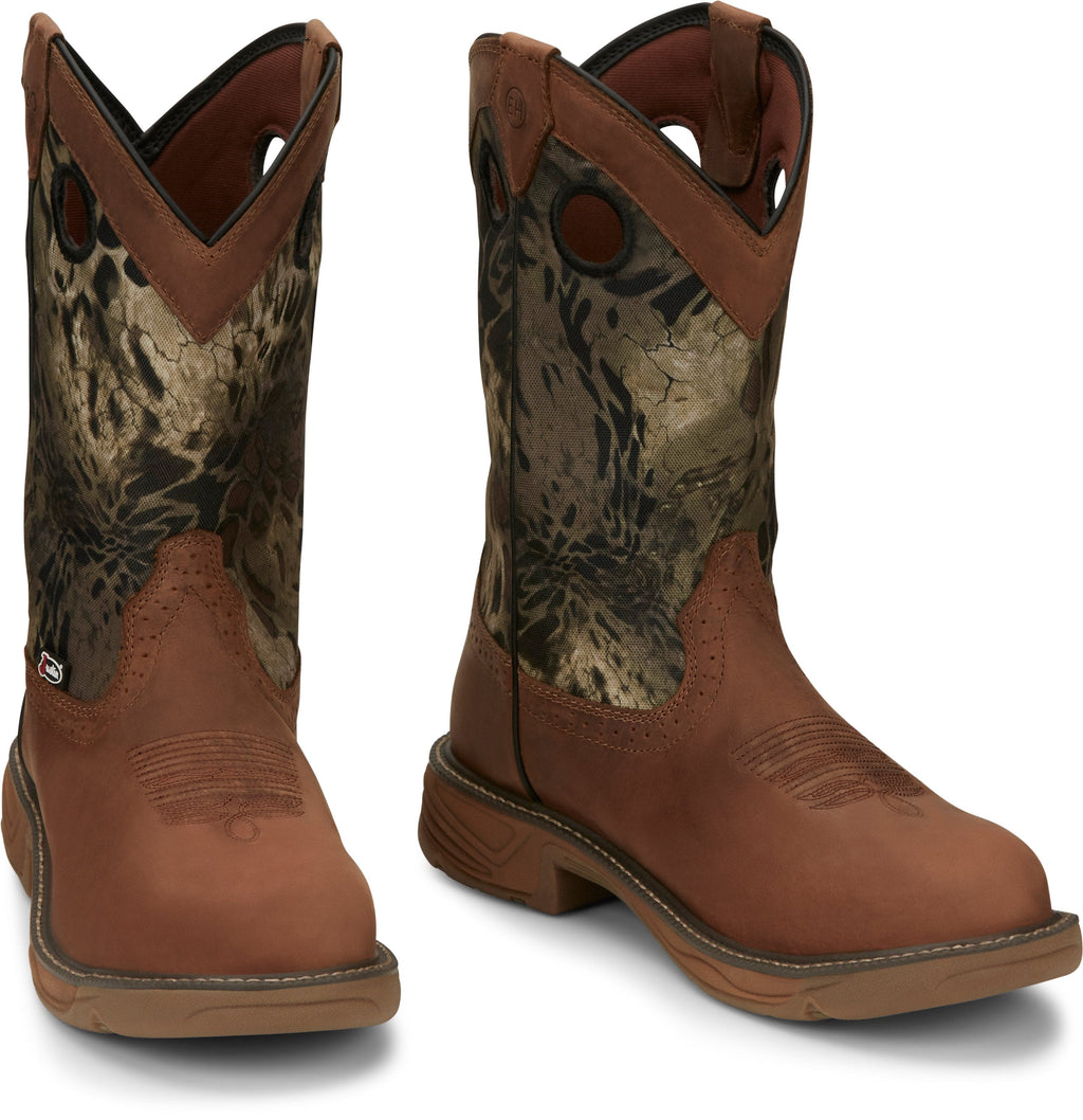 Justin Work Boots Justin Stampede Rush Barley Woodlands Round Toe Waterproof Western Work Boots - SE4318
