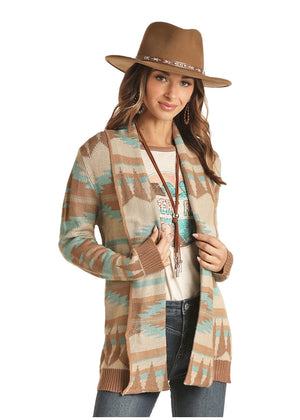 PANHANDLE Outerwear Rock & Roll Cowgirl Women's Aztec Multi Color Open Front Cardigan 46-1179