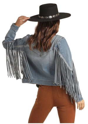 PANHANDLE Outerwear Rock & Roll Cowgirl Women's Cropped Fringe Denim Jacket 52-1708