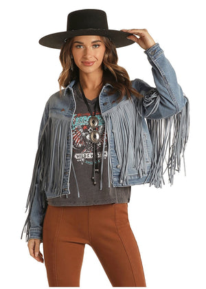 PANHANDLE Outerwear Rock & Roll Cowgirl Women's Cropped Fringe Denim Jacket 52-1708
