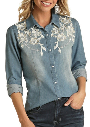 PANHANDLE Shirts Rock & Roll Cowgirl Women's Floral Embroidered Denim Long Sleeve Shirt - 22S1908