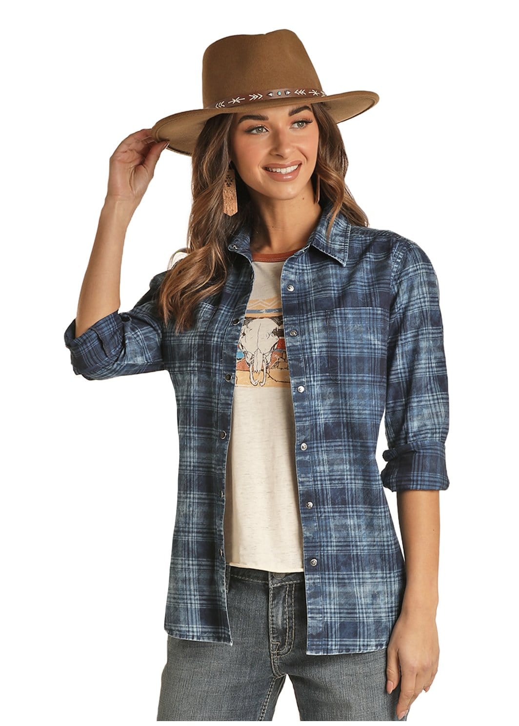 PANHANDLE Shirts Rock & Roll Cowgirl Women's Plaid Boyfriend Fit Navy Long Sleeve Shirt B4S1306