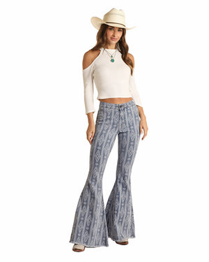Rock & Roll Women's High Rise Extra Stretch Aztec Print Denim Bell Bottom Jeans