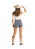PANHANDLE SLIM Jeans Rocky & Roll Cowgirl Women's Medium Wash Ripped Jean Shorts RRWD68R0VB