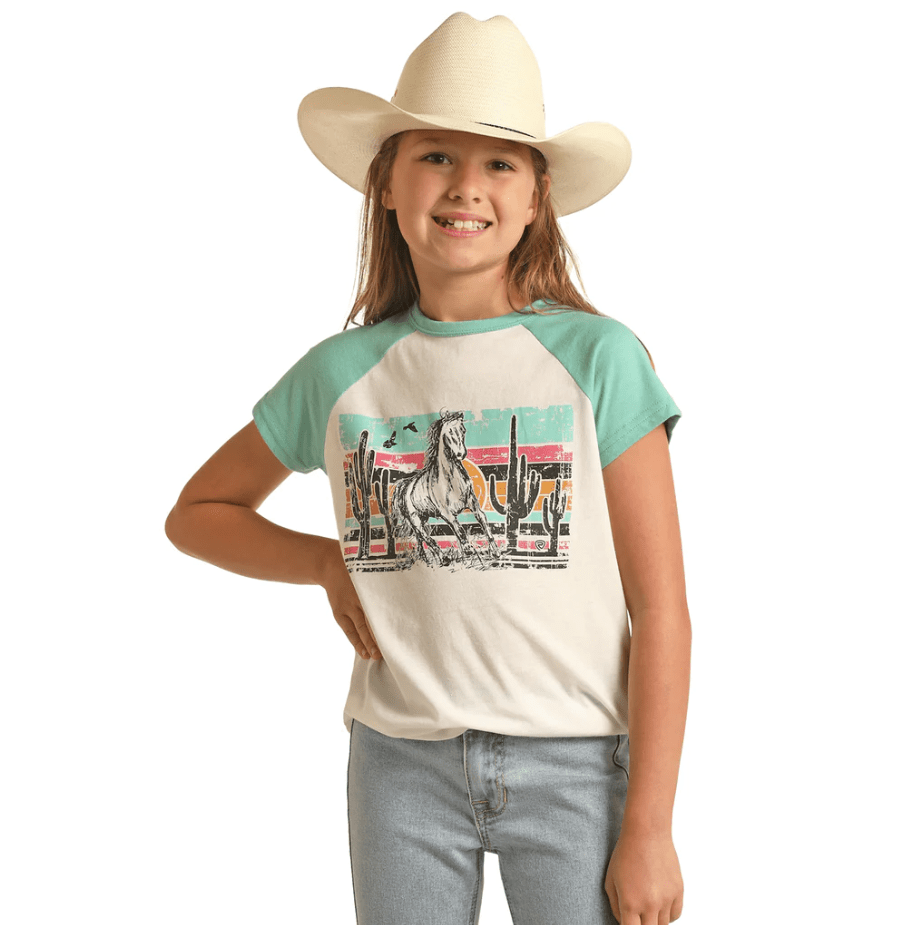 PANHANDLE SLIM Shirts Rock & Roll Cowgirl Girl's Horse Graphic Raglan T-Shirt RRGT21R10Y