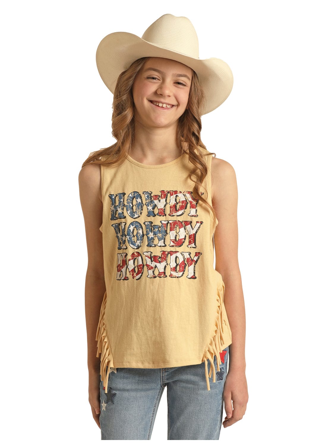 PANHANDLE SLIM Shirts Rock & Roll Cowgirl Girls Howdy Fringed Yellow Tank Top RRGT20R110