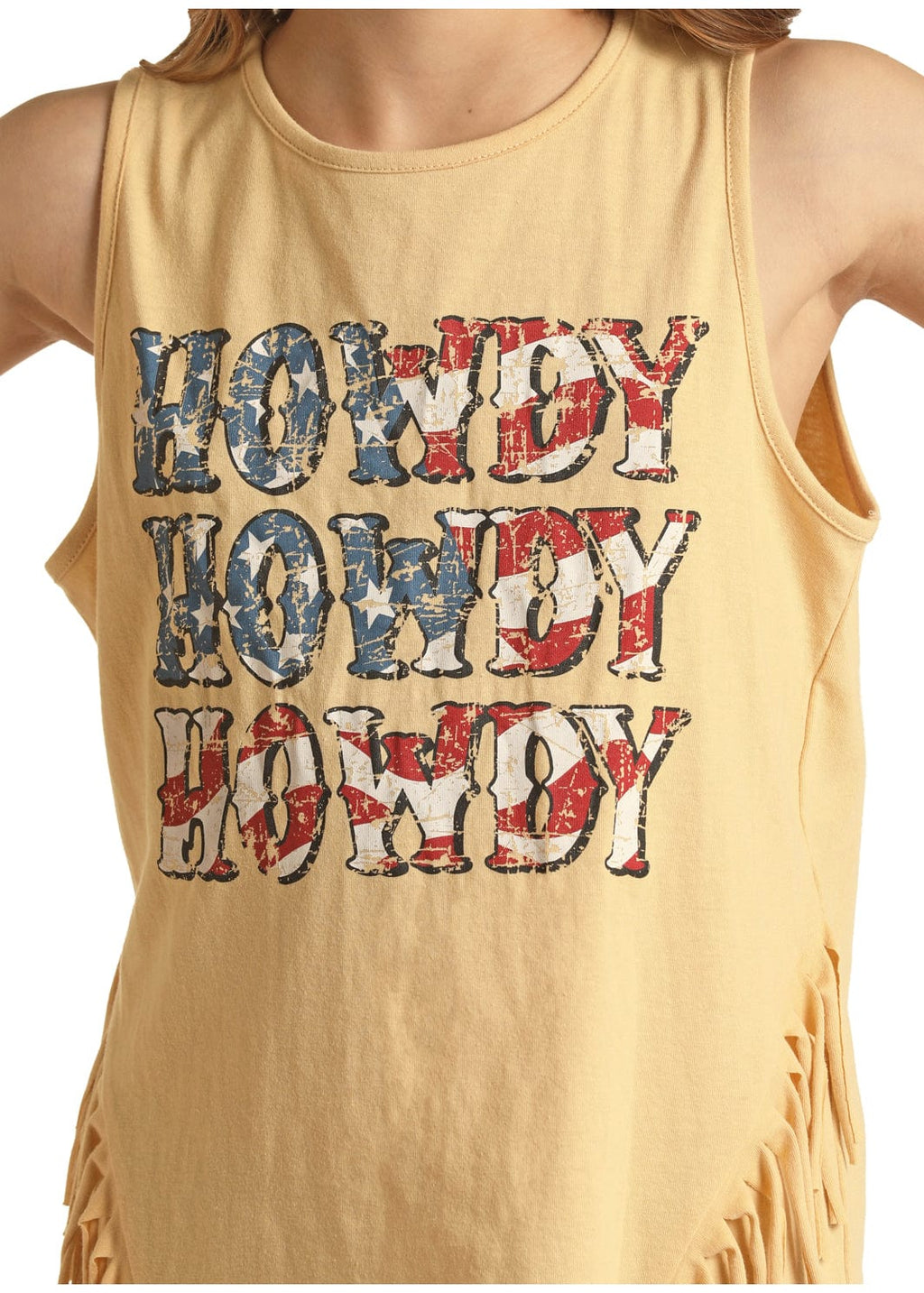 PANHANDLE SLIM Shirts Rock & Roll Cowgirl Girls Howdy Fringed Yellow Tank Top RRGT20R110