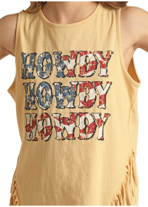 PANHANDLE SLIM Shirts Rock & Roll Cowgirl Girls Howdy Fringed Yellow Tank Top RRGT20R110