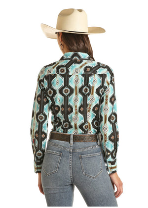 PANHANDLE SLIM Shirts Rock & Roll Cowgirl Women's Aqua Aztec Long Sleeve Snap Shirt B4S3332