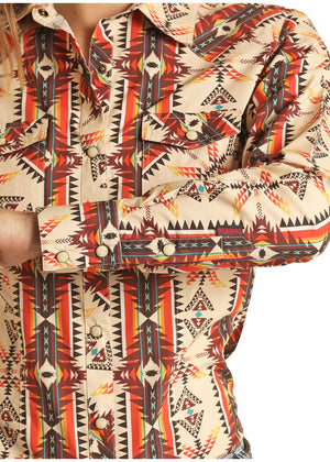 PANHANDLE SLIM Shirts Rock & Roll Cowgirl Women's Aztec Print Long Sleeve Snap Shirt B4S3304