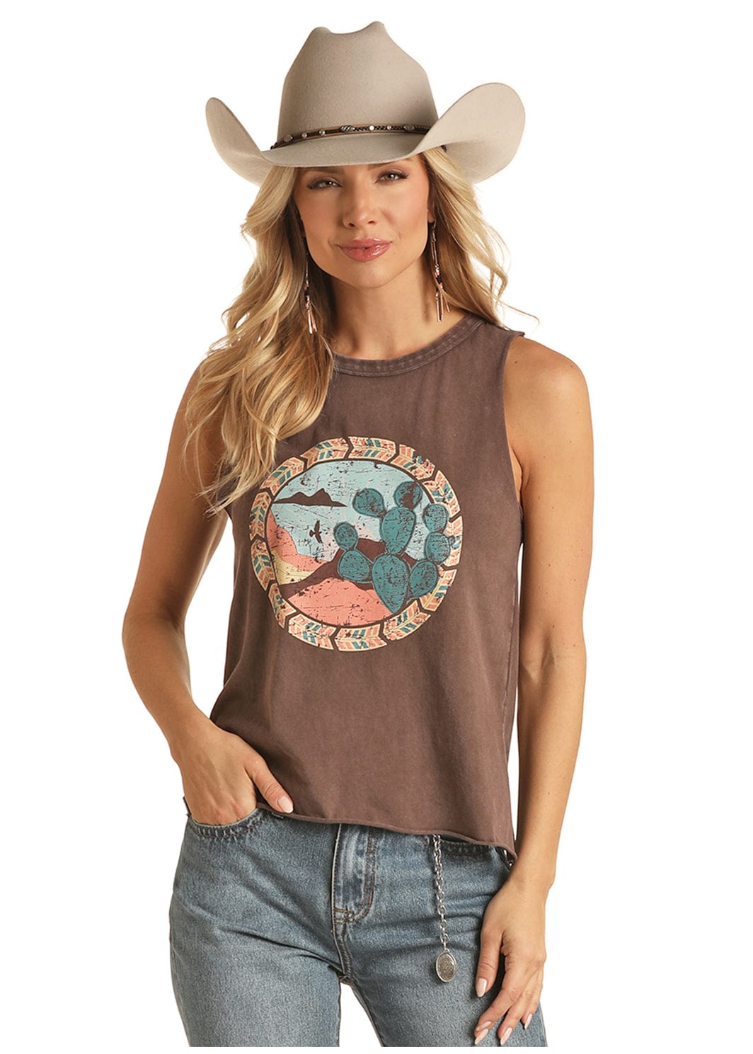 PANHANDLE SLIM Shirts Rock & Roll Cowgirl Women's Desert Scene Graphic Tank RRWT20R04Z