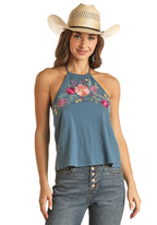 PANHANDLE SLIM Shirts Rock & Roll Cowgirl Women's Floral Embroidered Halter Tank RRWT20RZN5
