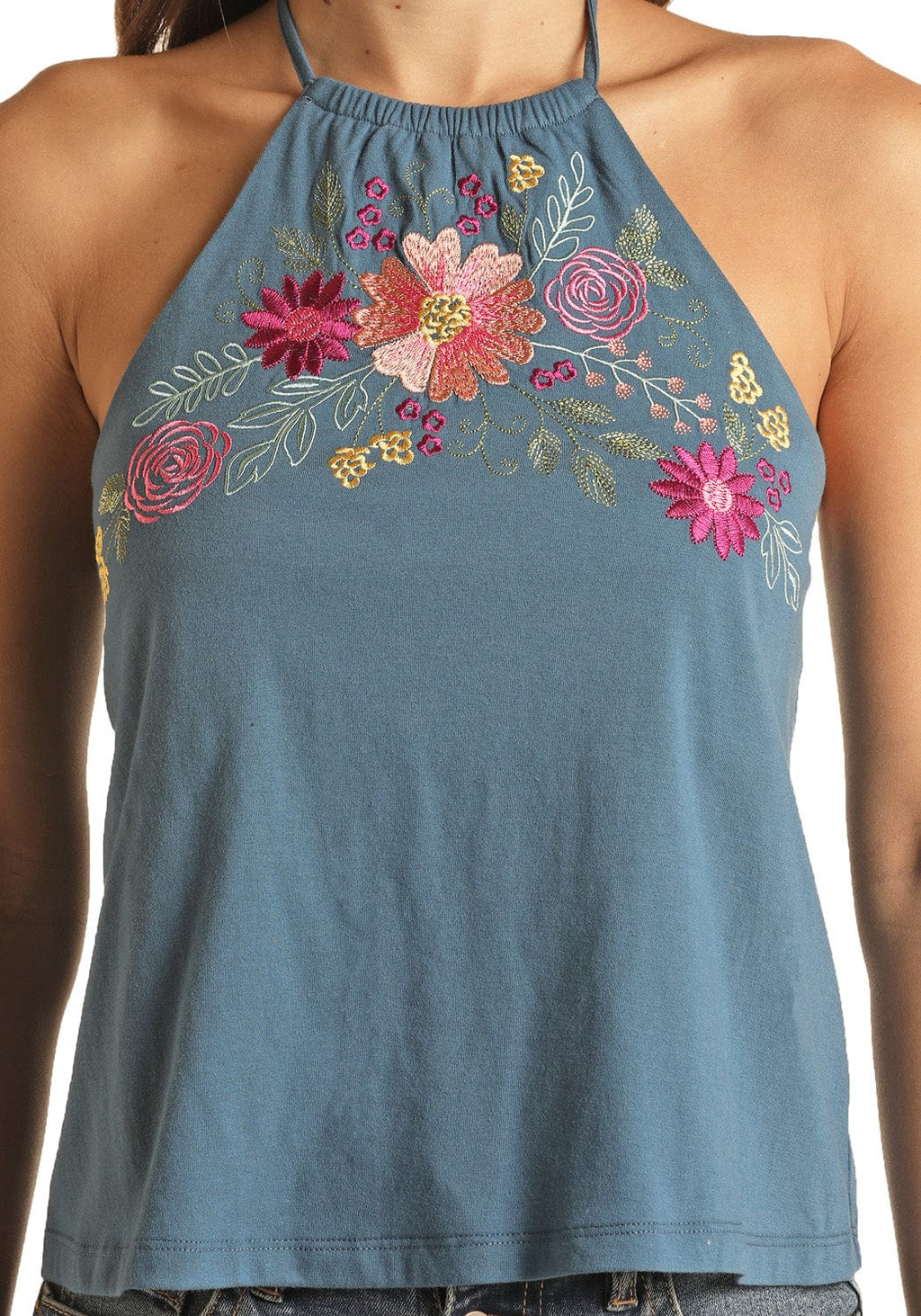 PANHANDLE SLIM Shirts Rock & Roll Cowgirl Women's Floral Embroidered Halter Tank RRWT20RZN5
