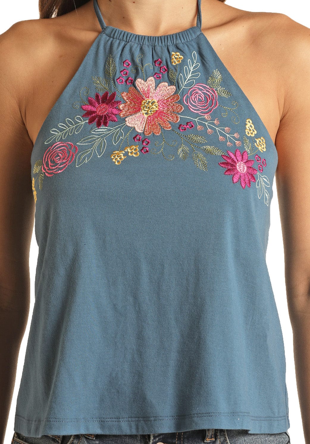 Rock & Roll Cowgirl Women's Floral Embroidered Halter Tank