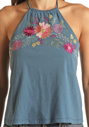 PANHANDLE SLIM Shirts Rock & Roll Cowgirl Women's Floral Embroidered Halter Tank RRWT20RZN5